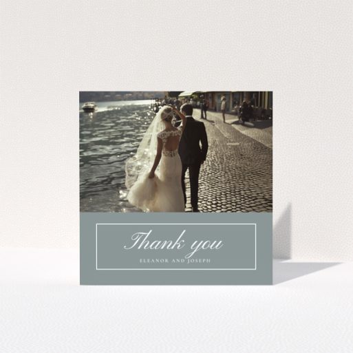 Wedding thank you card design with one photo featuring a bride and groom by the water.