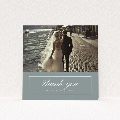 Wedding thank you card design with one photo featuring a bride and groom by the water.