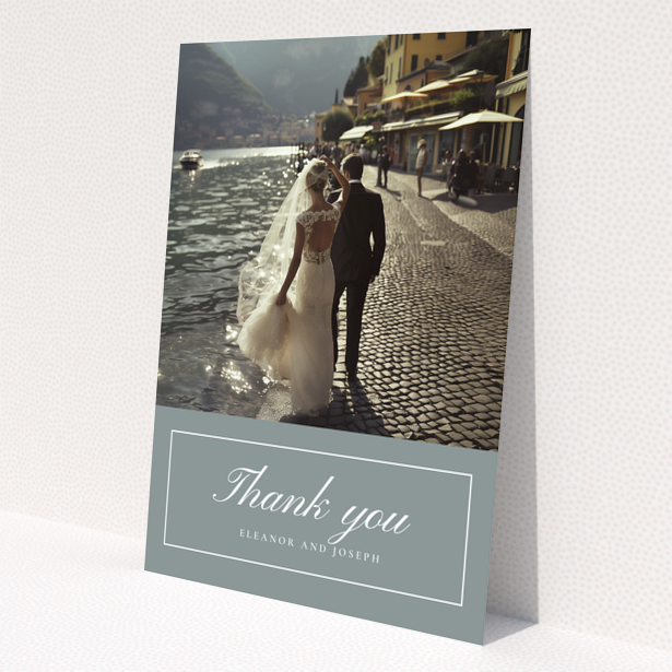 Wedding thank you card design with one photo featuring a bride and groom by the water.