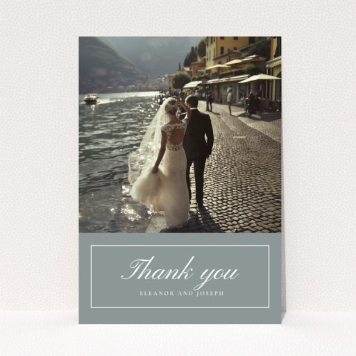 Wedding thank you card design with one photo featuring a bride and groom by the water.