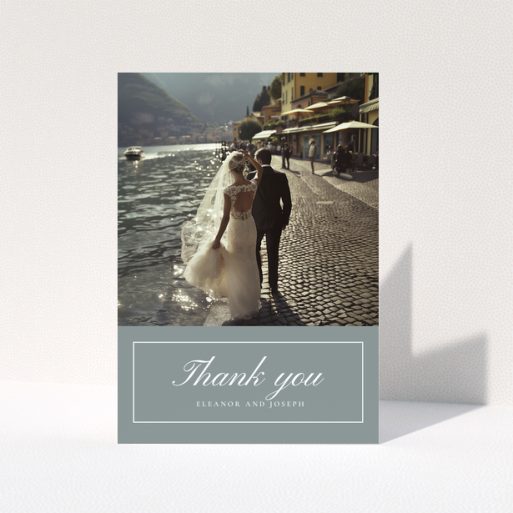 Wedding thank you card design with one photo featuring a bride and groom by the water.