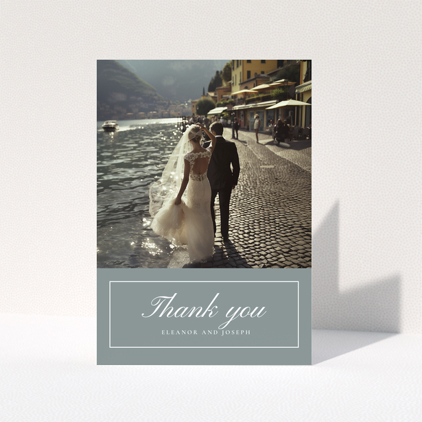 Wedding thank you card design with one photo featuring a bride and groom by the water.