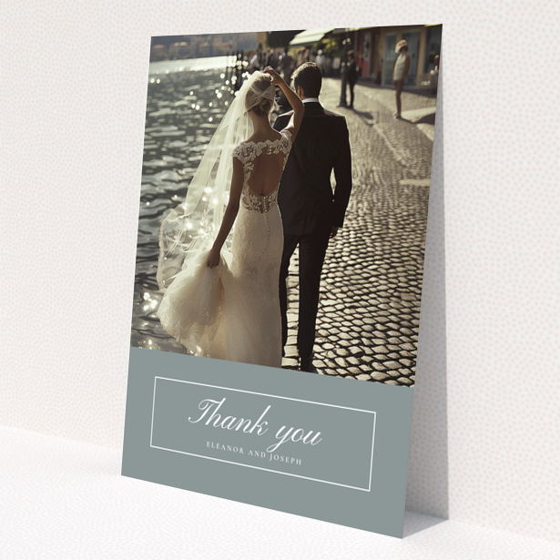 Wedding thank you card design with one photo featuring a bride and groom by the water.