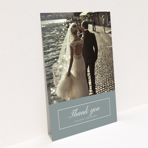 Wedding thank you card design with one photo featuring a bride and groom by the water.