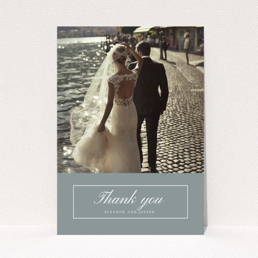Wedding thank you card design with one photo featuring a bride and groom by the water.
