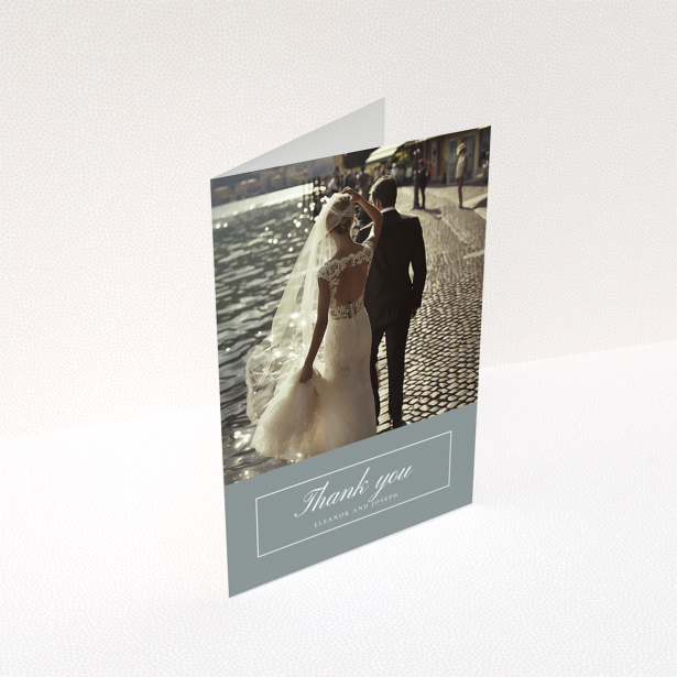 Wedding thank you card design with one photo featuring a bride and groom by the water.