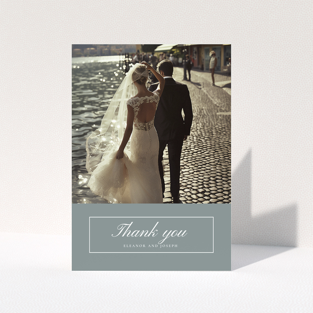 Wedding thank you card design with one photo featuring a bride and groom by the water.