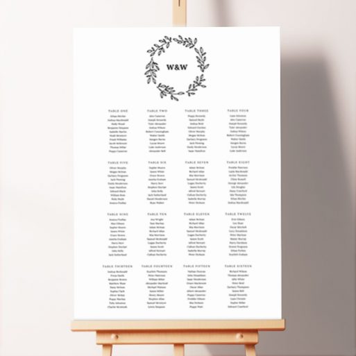 Custom Seating Charts - Simple Wreath, a refined black-and-white seating plan design featuring a monogram detail encased within a modest black wreath, exuding sophistication and timeless elegance for your wedding or event.. This template shows 16 tables.