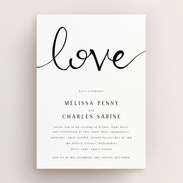 Elegant black and white engagement party invitation design with calligraphy text and modern layout