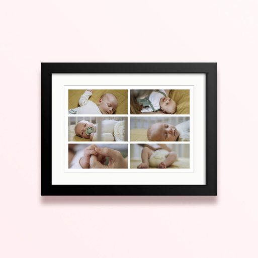Framed and mounted photo print featuring six baby photos.