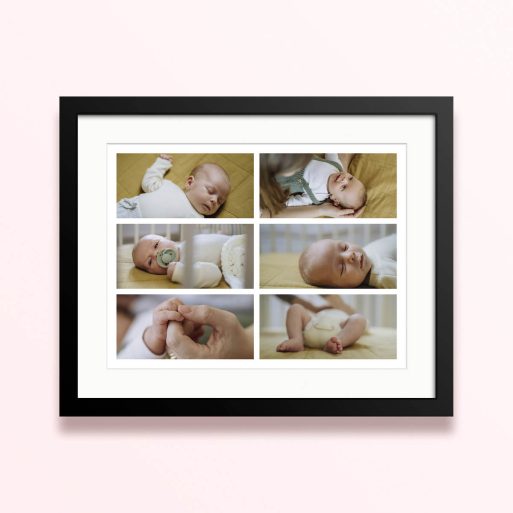 Framed and mounted photo print featuring six baby photos.