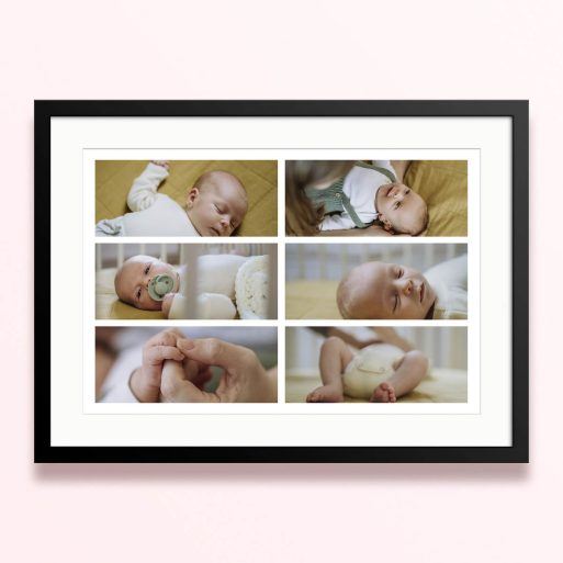 Framed and mounted photo print featuring six baby photos.