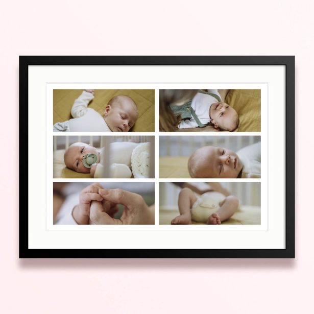 Framed and mounted photo print featuring six baby photos.