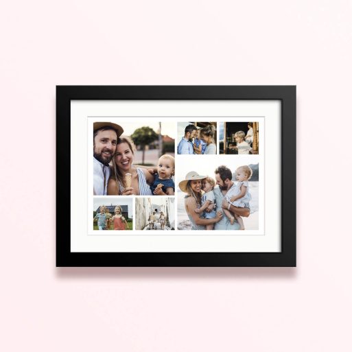 Framed and mounted photo print featuring seven family photos.