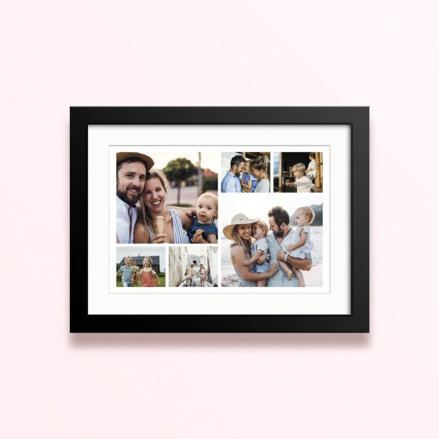 Framed and mounted photo print featuring seven family photos.