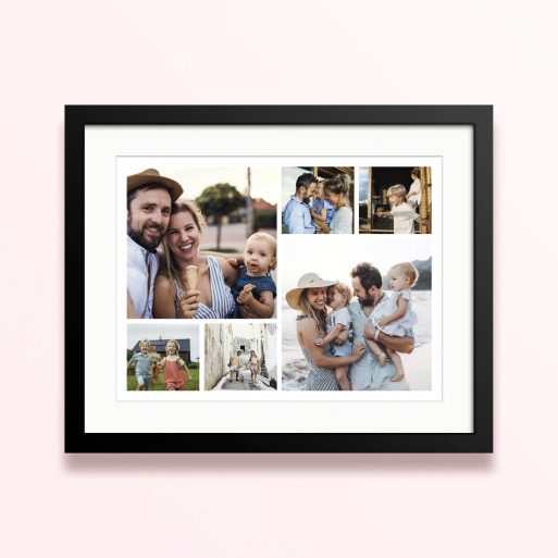 Framed and mounted photo print featuring seven family photos.