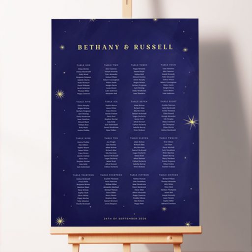 Foamex Sky at Night Seating Plans featuring a captivating design showcasing the beauty of the night sky with painted stars, setting the scene for an enchanting evening and making it an ideal choice for an evening wedding reception.. This template shows 16 tables.