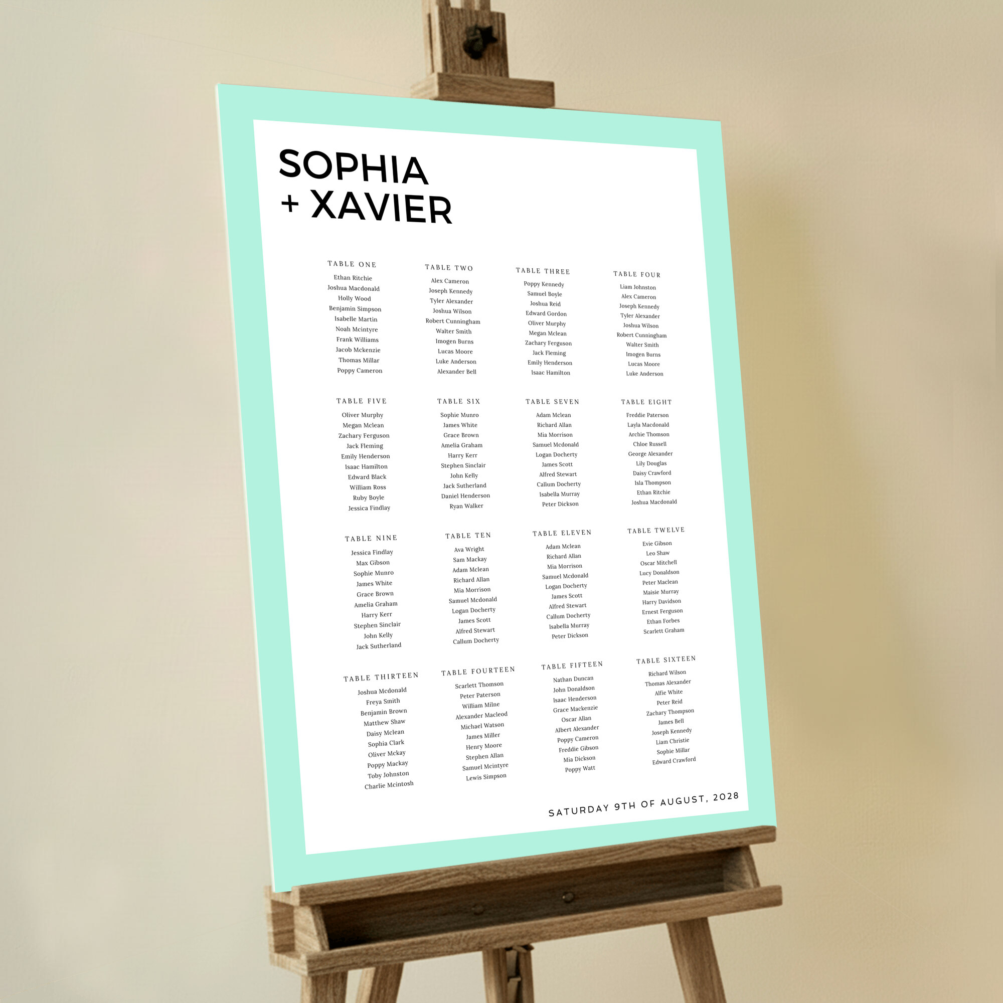 Modern and Exciting Slight Frame Seating Plan design with a simple font and a thick turquoise border, adding a touch of contemporary flair and vibrant colours to your event.. This design shows 16 tables.