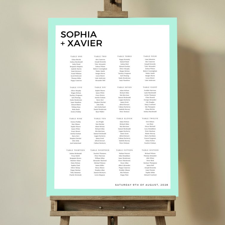 Modern and Exciting Slight Frame Seating Plan design with a simple font and a thick turquoise border, adding a touch of contemporary flair and vibrant colours to your event.. This design shows 16 tables.