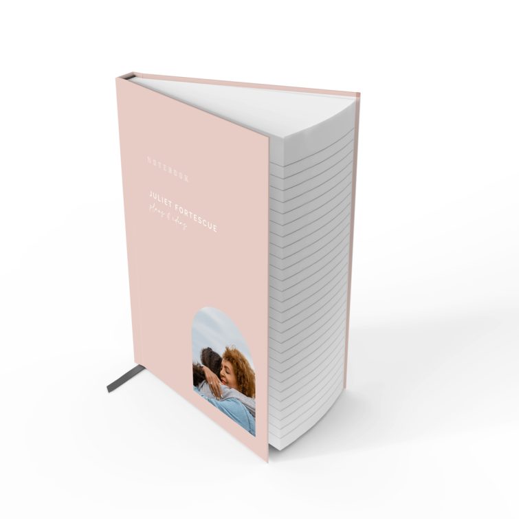 Customised pastel pink notebook cover design with one photo placeholder for personalised stationary products by Utterly Printable.