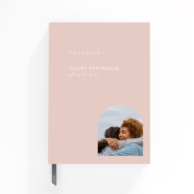 Customised pastel pink notebook cover design with one photo placeholder for personalised stationary products by Utterly Printable.