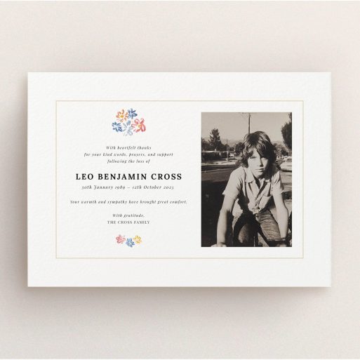 Funeral Card Design Funeral thank you card design featuring one photo and floral decorations.