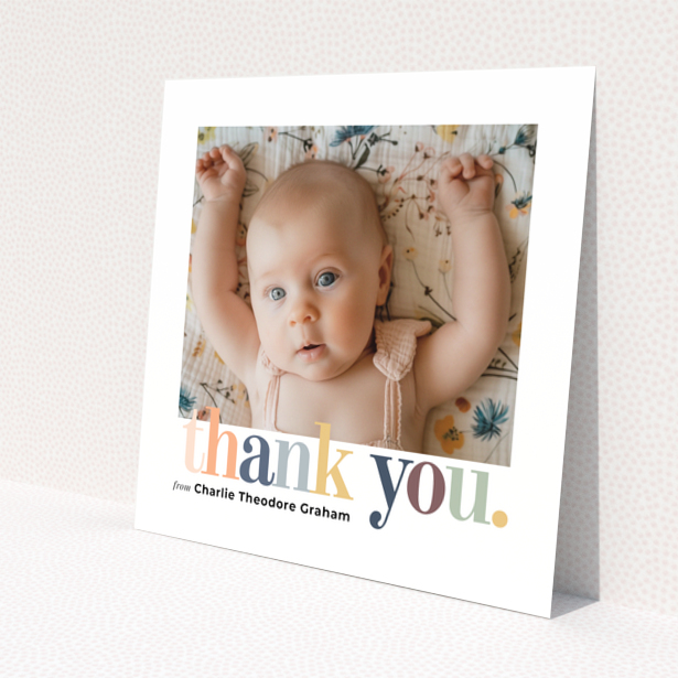 Baby thank you card with one photo and colourful thank you text design