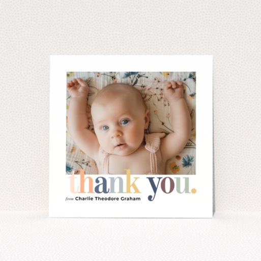 Baby thank you card with one photo and colourful thank you text design