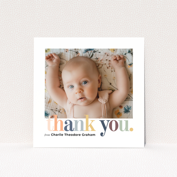 Baby thank you card with one photo and colourful thank you text design