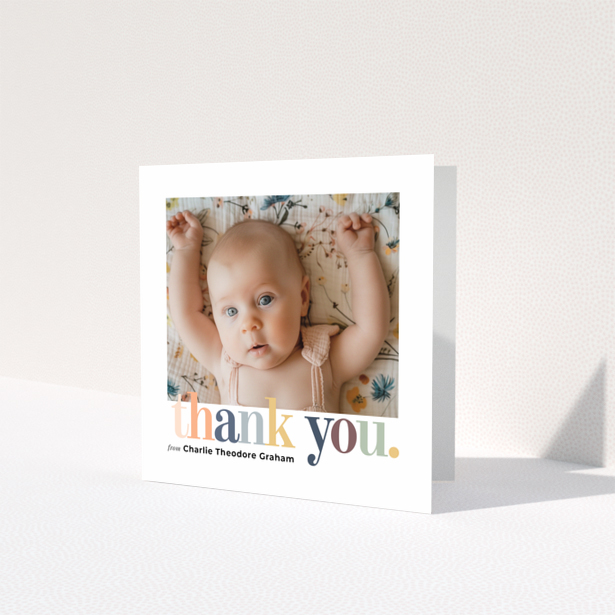 Baby thank you card with one photo and colourful thank you text design