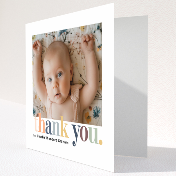 Baby thank you card with one photo and colourful thank you text design