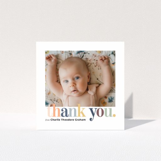 Baby thank you card with one photo and colourful thank you text design