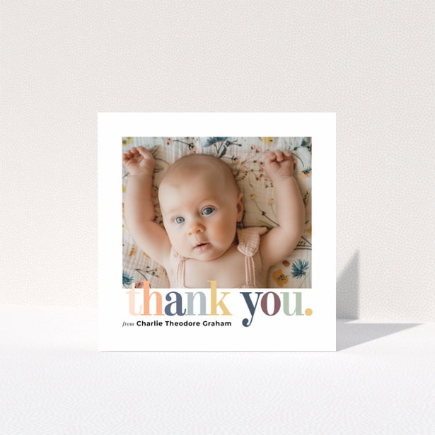 Baby thank you card with one photo and colourful thank you text design