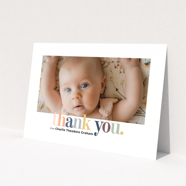 Baby thank you card with one photo and colourful thank you text design