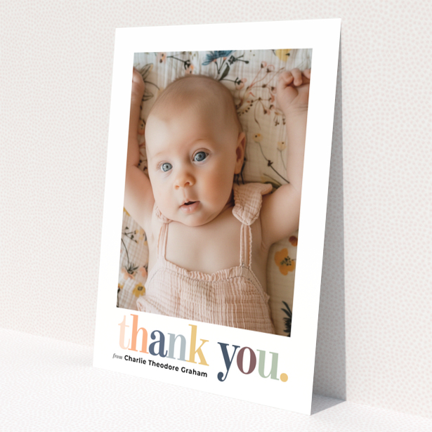 Baby thank you card with one photo and colourful thank you text design