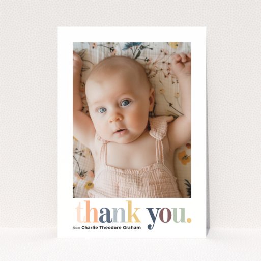 Baby thank you card with one photo and colourful thank you text design