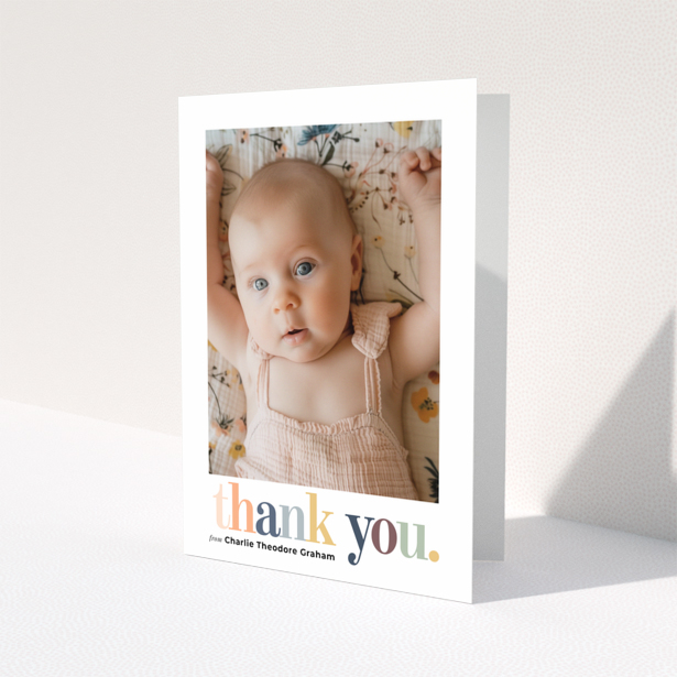Baby thank you card with one photo and colourful thank you text design