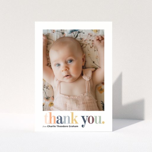 Baby thank you card with one photo and colourful thank you text design