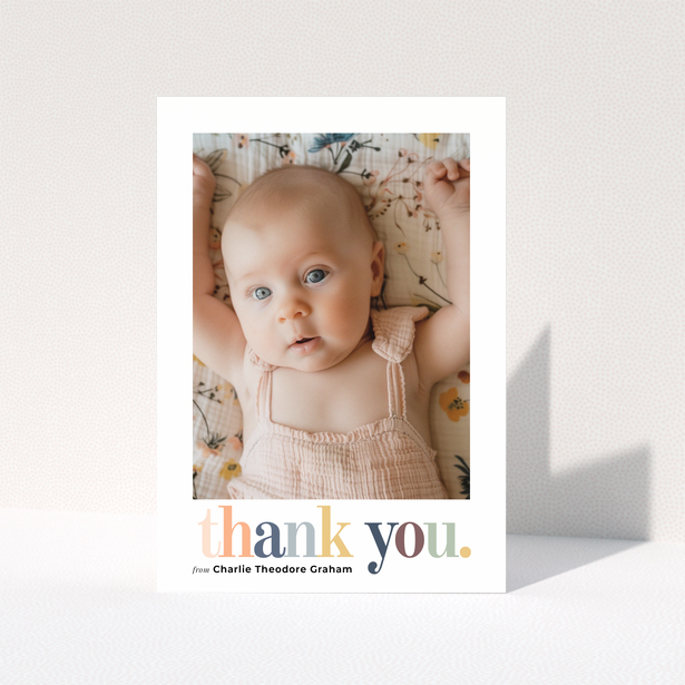 Baby thank you card with one photo and colourful thank you text design