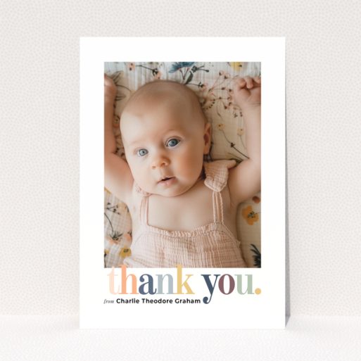 Baby thank you card with one photo and colourful thank you text design