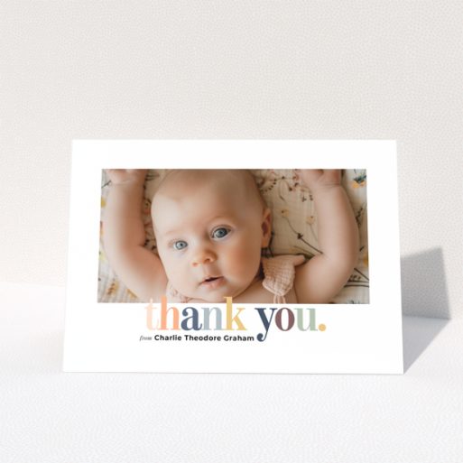 Baby thank you card with one photo and colourful thank you text design