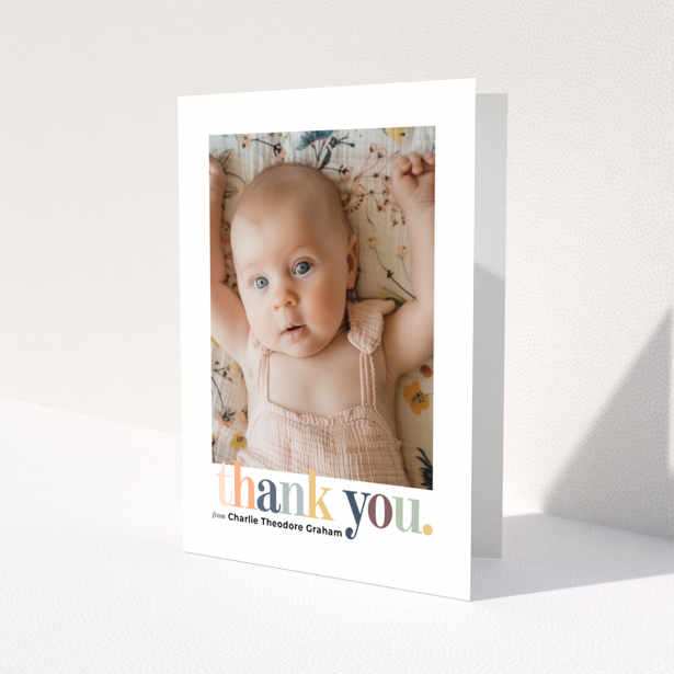 Baby thank you card with one photo and colourful thank you text design