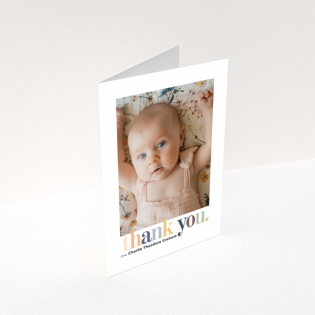 Baby thank you card with one photo and colourful thank you text design