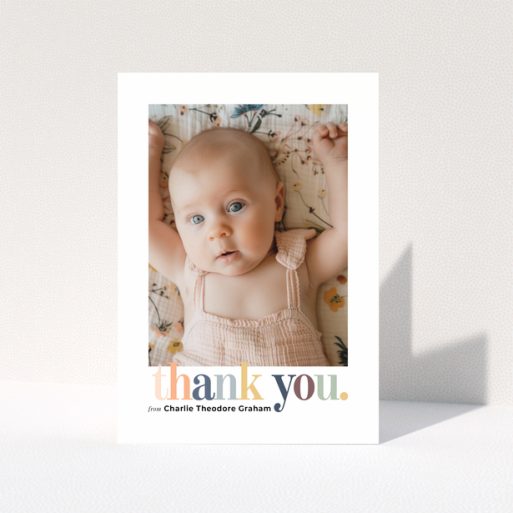 Baby thank you card with one photo and colourful thank you text design