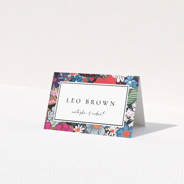 Soho Blossom Place Cards - Vibrant Floral Wedding Place Card Template with Burst of Colour. This is a view of the front