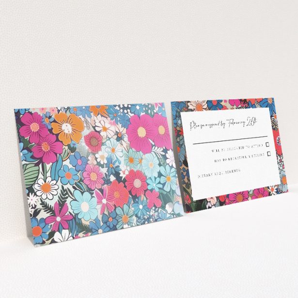 RSVP card template from the Soho Blossom suite, featuring vibrant floral design in deep pinks, blues, and purples, capturing the energetic spirit of Soho for couples seeking a lively and colourful celebration This is a view of the back