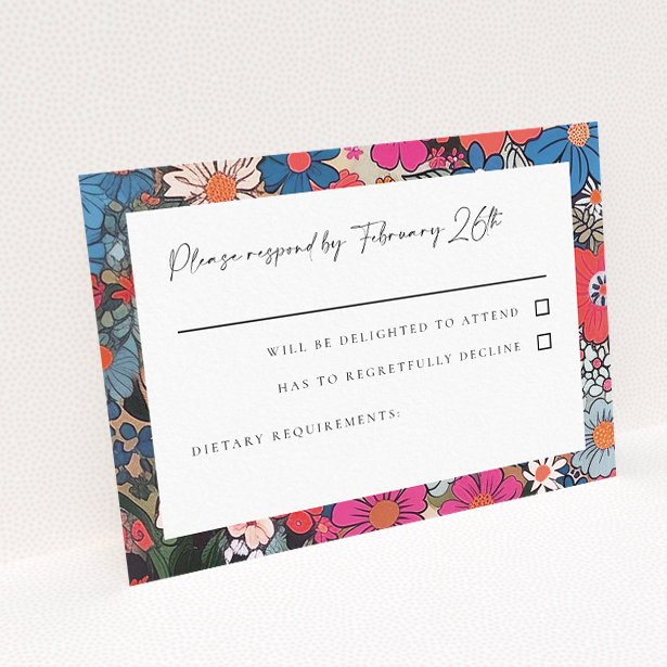 RSVP card template from the Soho Blossom suite, featuring vibrant floral design in deep pinks, blues, and purples, capturing the energetic spirit of Soho for couples seeking a lively and colourful celebration This is a view of the back