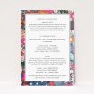 Soho Blossom wedding information insert card featuring a vibrant tapestry of floral abundance in deep pinks, blues, and purples, inspired by the energy of Soho This is a view of the front