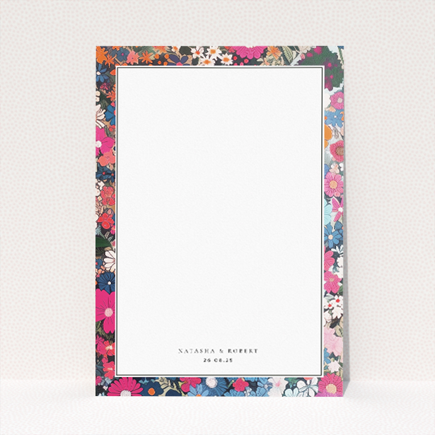 Soho Blossom wedding information insert card featuring a vibrant tapestry of floral abundance in deep pinks, blues, and purples, inspired by the energy of Soho This image shows the front and back sides together