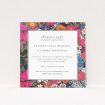 "Soho Blossom wedding invitation featuring vibrant floral abundance in deep pinks, blues, purples, and pops of orange against a white central panel, echoing the vivacious flair of Soho for a lively and colourful wedding celebration.". This is a view of the front